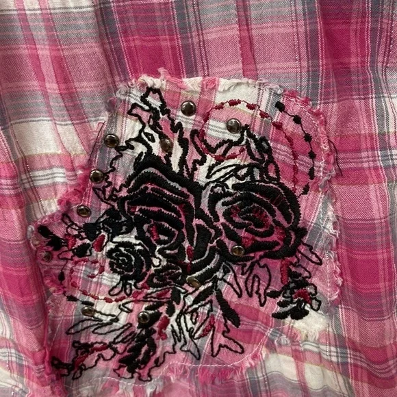 Style & Co. pink plaid western style snap up blouse size 14 silver streaks - Picture 3 of 12